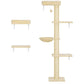 Beige wall-mounted cat tree with three wall shelves, stacked posts, and hanging ball