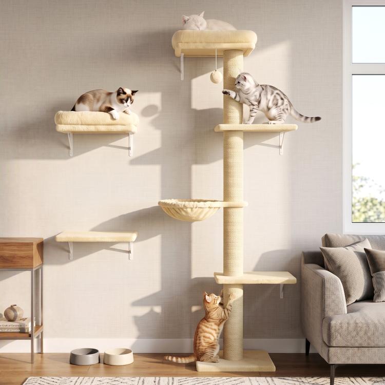 Beige 3-in-1 cat wall shelves with vertical scratching post, perches, and hanging toy