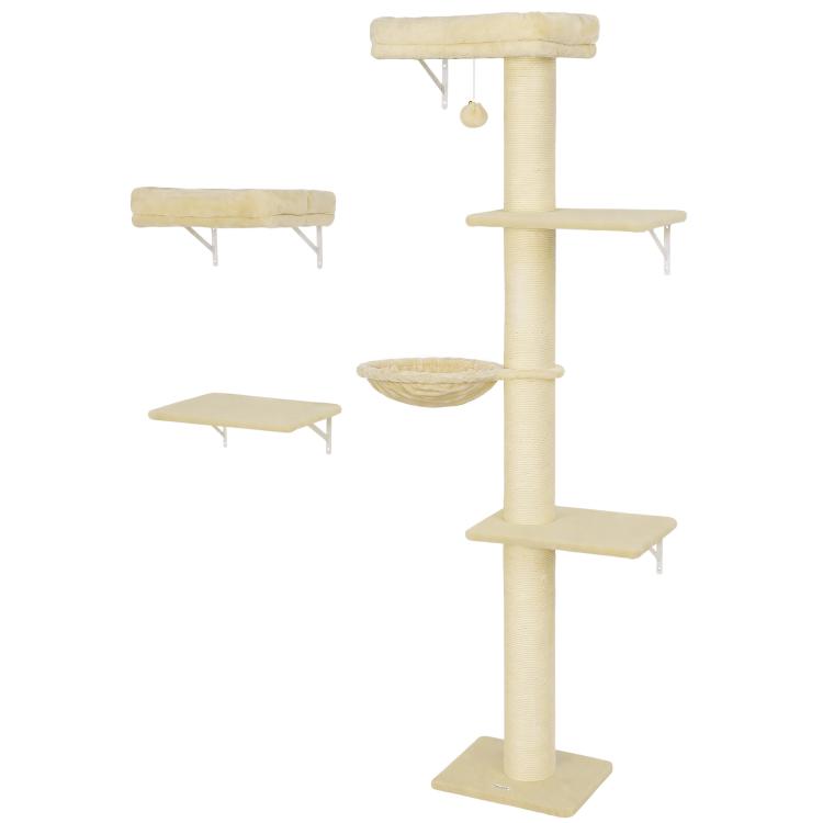 Beige cat wall furniture set: vertical scratching post with stacked platforms and top cushion