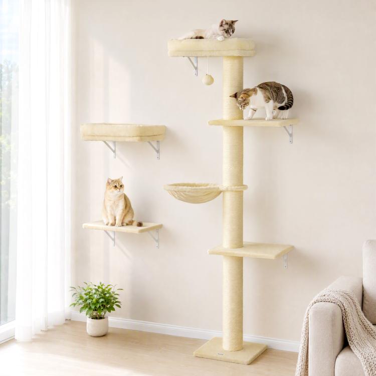 Beige wall cat climbing set with stacked posts, hammock bed, and three wall perches