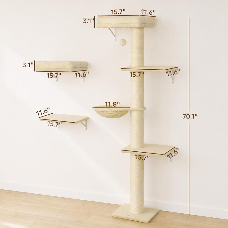 Beige cat wall furniture set showing dimensions for wall shelves and tall scratching post
