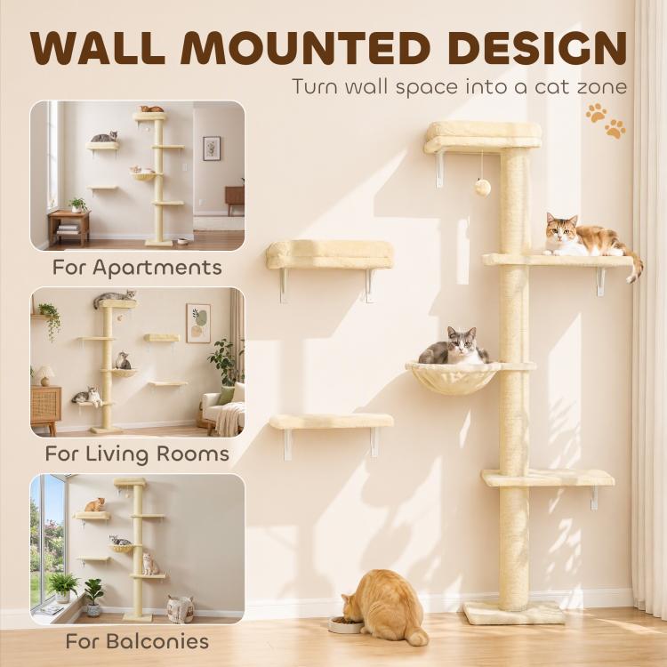 Beige wall-mounted cat tree with stacked platforms, hammock bed, and hanging ball