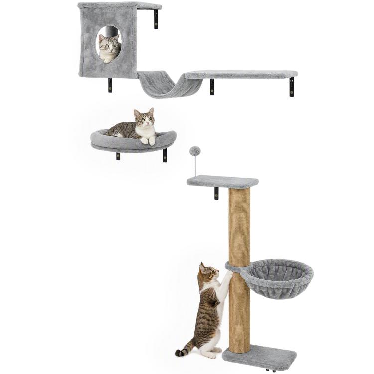 Gray wall-mounted cat condo with perches, hammock bed, and scratching post for climbing cats