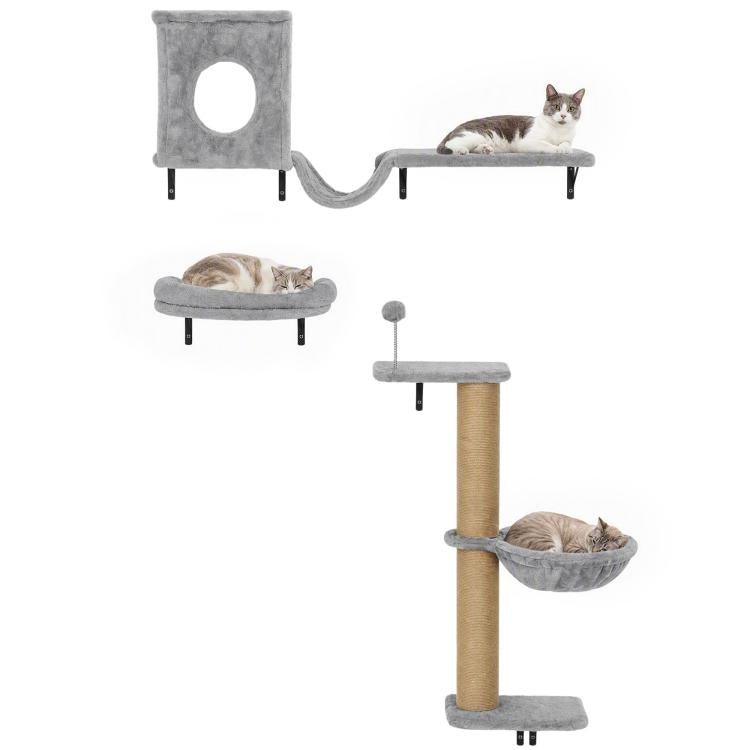 Gray 3-tier cat wall shelf set with condo, curved hammock bed, and scratching post perch