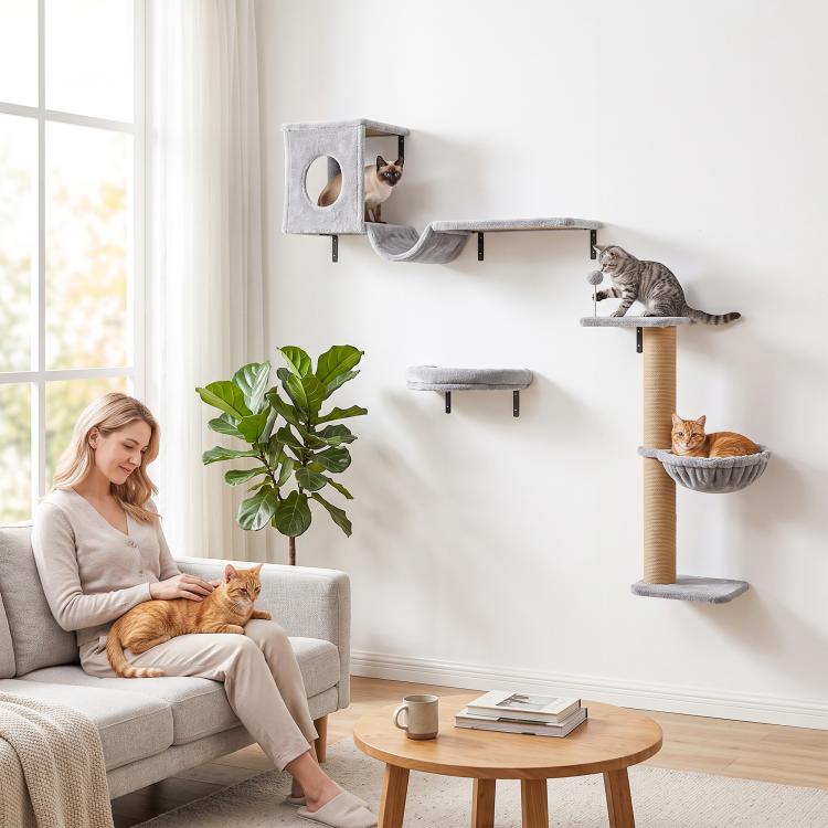 Gray cat wall shelves with covered condo, hammock perch, and tiered platforms on a stand