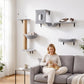 Gray multi-level wall cat shelf system with condo hideout and hammock bed for cats