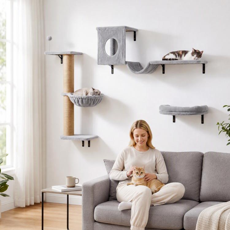 Gray multi-level wall cat shelf system with condo hideout and hammock bed for cats
