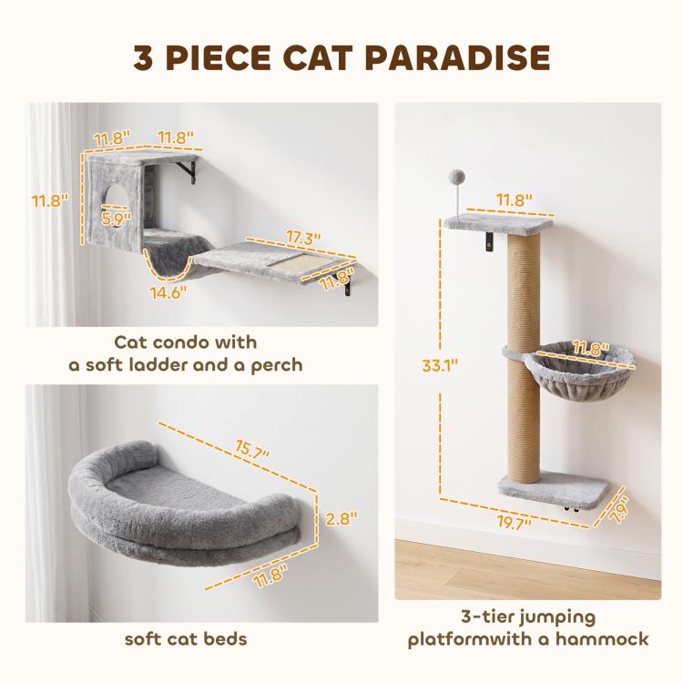 Gray cat wall condo with hammock bed and soft cat beds, with scratching post and platforms