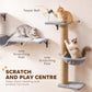Gray cat scratching post and wall perches with hanging teaser ball and soft covered platforms