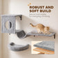 Gray wall cat condo and long perch with plush beds, designed for sturdy climbing support