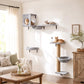 Gray wall-mounted cat condo and hammock perch set with multi-level platforms and post