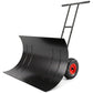 Black snow pusher shovel with wide curved metal blade and red-wheel cart frame
