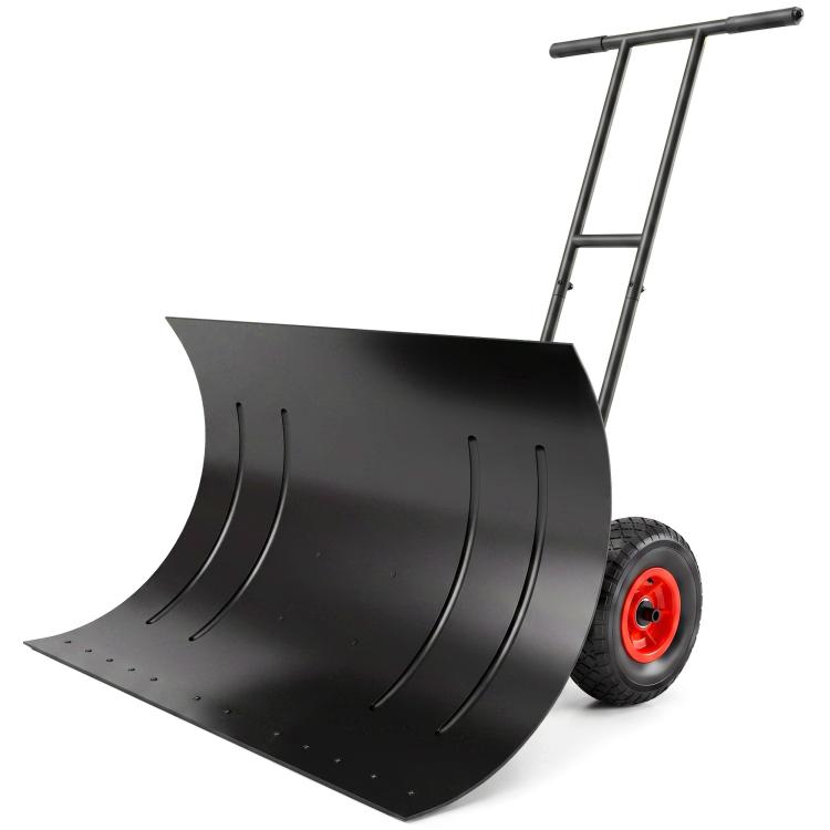Black snow pusher shovel with wide curved metal blade and red-wheel cart frame
