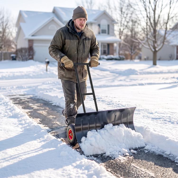 Black wheeled metal snow shovel with adjustable handle and 7-angle blade