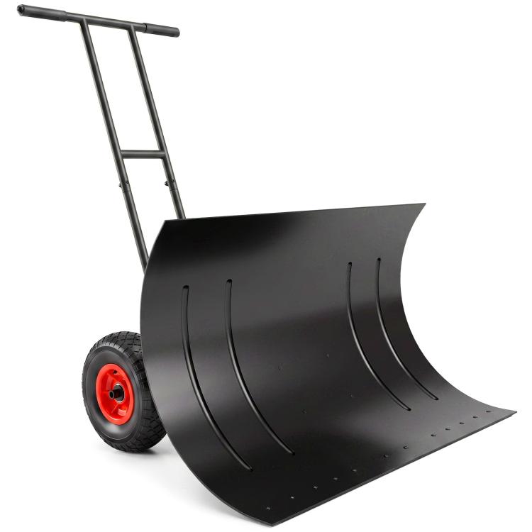 Black metal snow pusher with red wheel and curved 7-angle blade