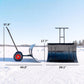 Black snow pusher shovel with red wheels and wide metal blade on adjustable frame