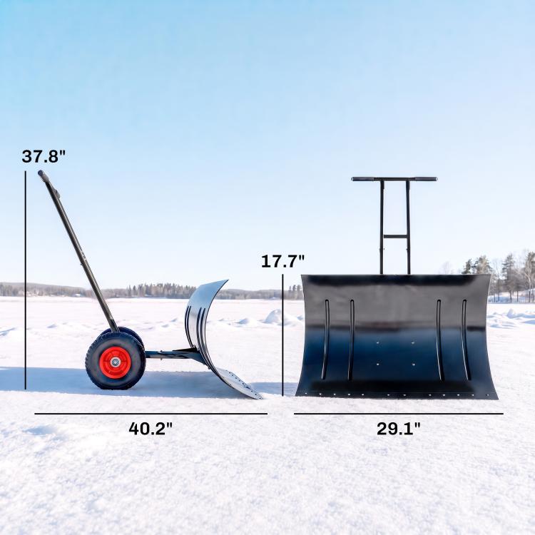 Black snow pusher shovel with red wheels and wide metal blade on adjustable frame