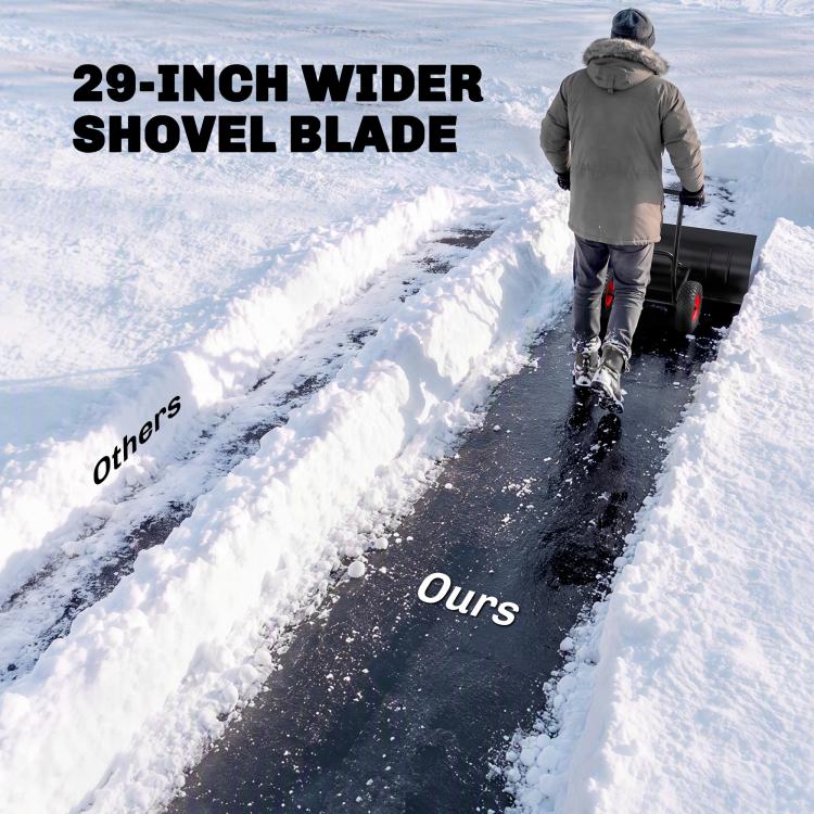 29-inch wide black snow shovel blade on red-wheeled frame with adjustable handle