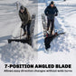 Black snow pusher shovel with angled metal blade on red-wheeled frame