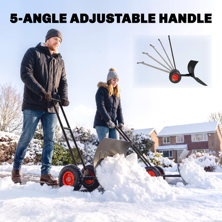 Snow shovel with red wheels, adjustable handle, and black curved metal blade