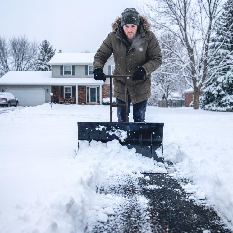Black wheeled snow shovel with curved metal blade for driveway clearing