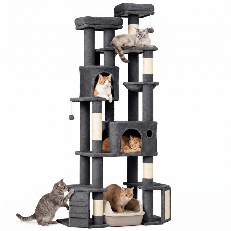 Dark gray cat tree tower with condos, cubbies, sisal posts, and top perches for cats