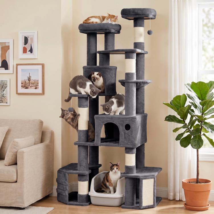 Dark gray multi-level cat tree tower with sisal posts, enclosed beds, and hanging ball