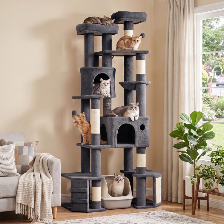 Tall dark gray cat tree tower with hammock bed, cat house openings, and multiple resting platforms