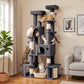 Dark gray cat tree with top perch, side condos, sisal posts, and a front litter-box base
