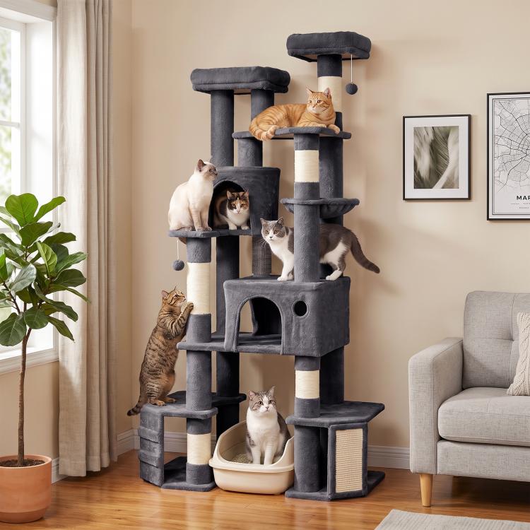 Dark gray cat tree with top perch, side condos, sisal posts, and a front litter-box base