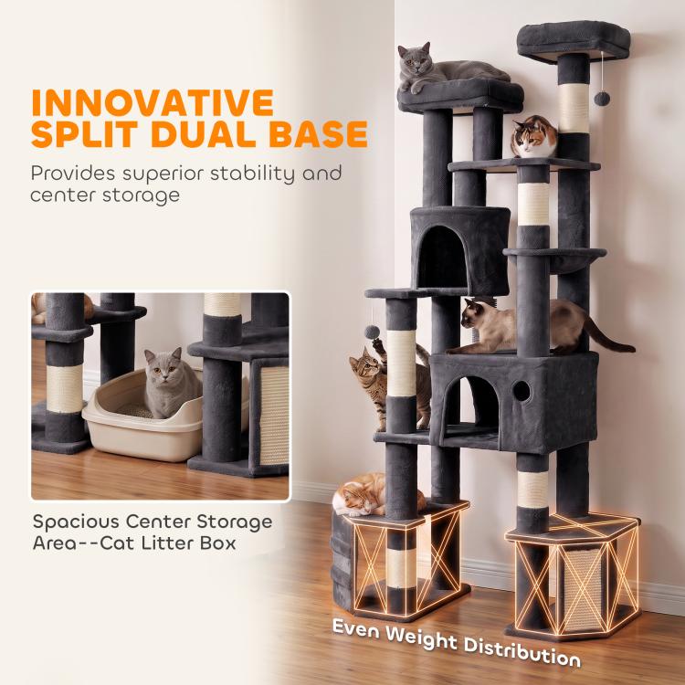 Dark gray cat tree tower featuring split dual base design, center storage, and sisal-wrapped posts
