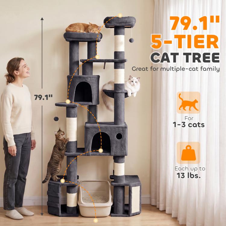 Dark gray 5-tier cat tree tower with top perch, arched condo, and side cubby openings