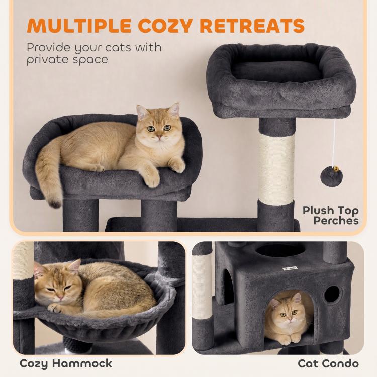 Dark gray cat tree with plush oval hammock bed, covered cat condo, and rounded perches