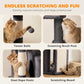 Dark gray cat tree with sisal rope posts, scratching board, and dangling teaser balls