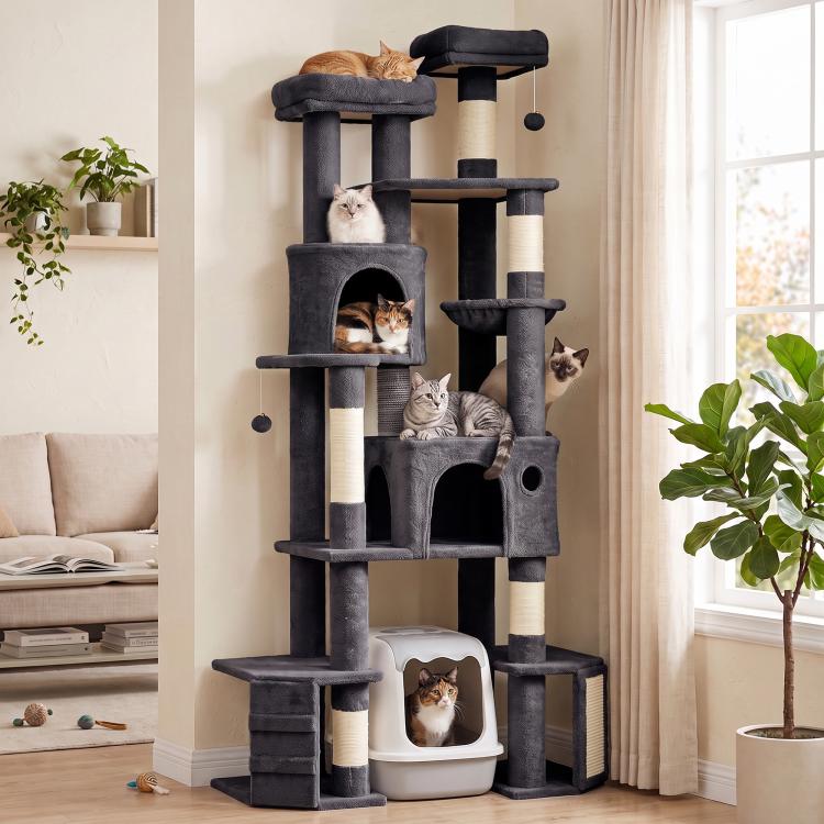 Dark gray tall cat tree tower with top perch, stacked platforms, and sisal-wrapped vertical posts