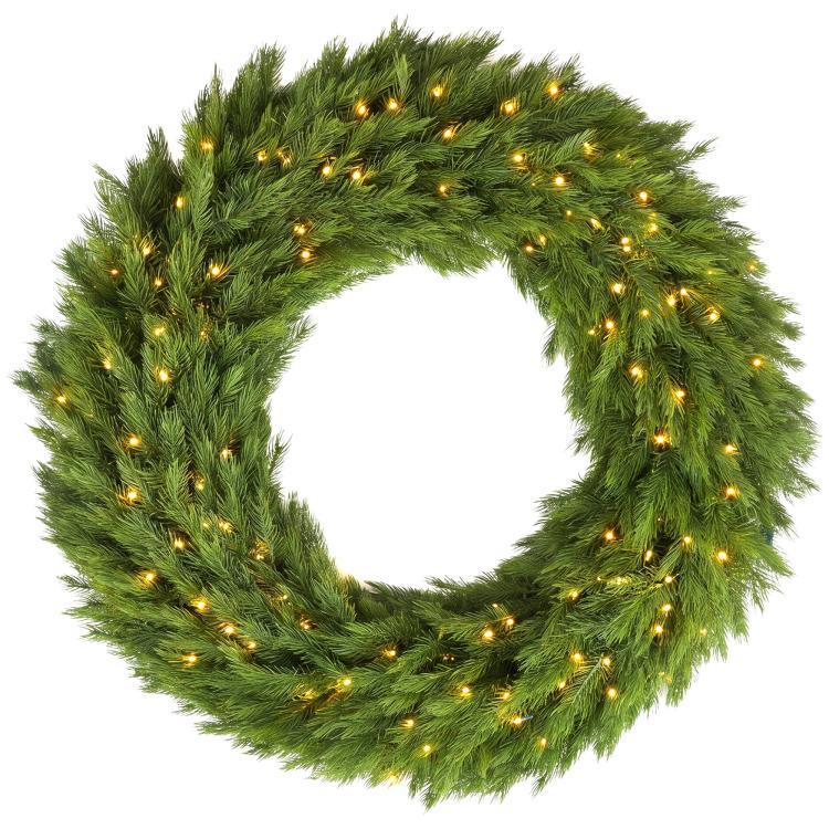 Green pre-lit Christmas wreath with dense evergreen branches and warm LED lights.