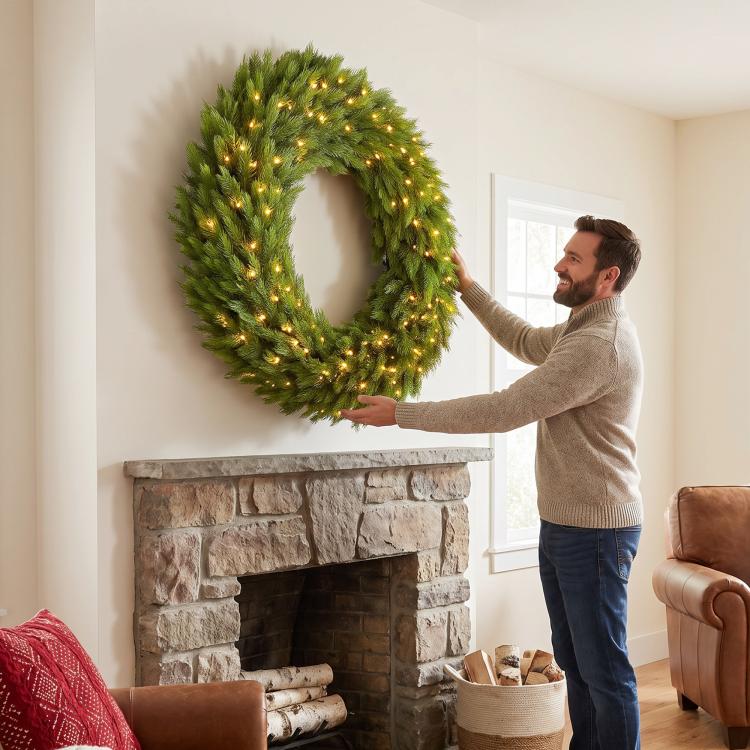 Green pre-lit Christmas wreath with warm LED lights being mounted on a wall above a fireplace.