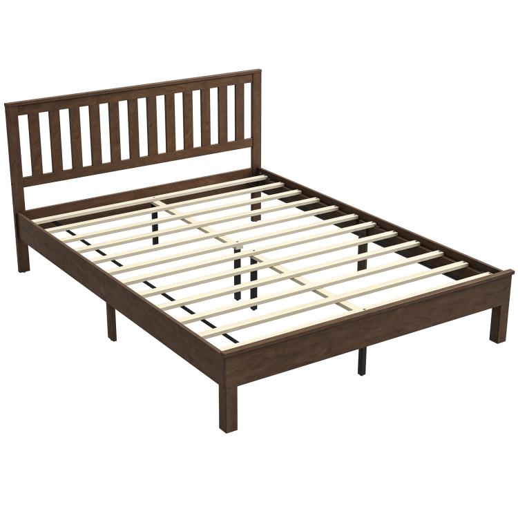 Walnut wood platform bed frame with slatted base and vertical headboard panel