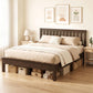 Queen-size walnut wood bed frame with tall slatted headboard and footboard