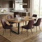 Brown faux leather high-back dining chairs with metal legs, upholstered seat and back.