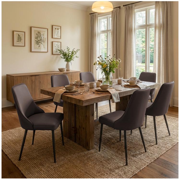 Brown high-back upholstered dining chairs with slim metal legs, arranged around a table