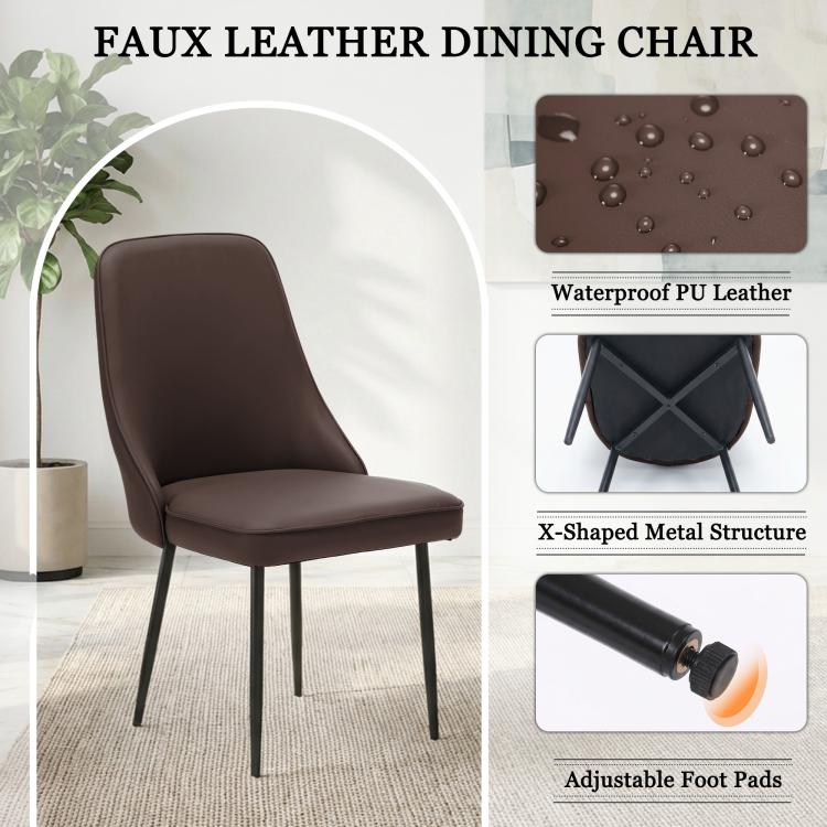 Brown faux leather dining chair with high back, smooth seat, and black metal legs