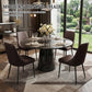 Brown modern dining chairs with high backs and metal legs around a round dining table