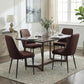 Brown high-back faux leather dining chairs with metal legs around a rectangular dining table