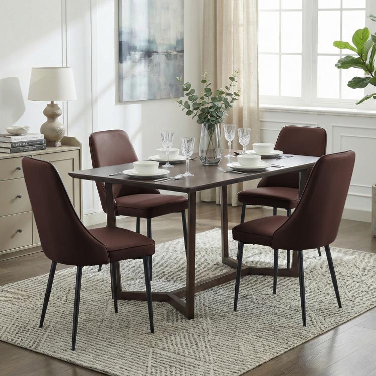 Brown high-back faux leather dining chairs with metal legs around a rectangular dining table