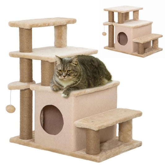 Beige cat stairs and condo with ramp, plush platforms, and circular hideout