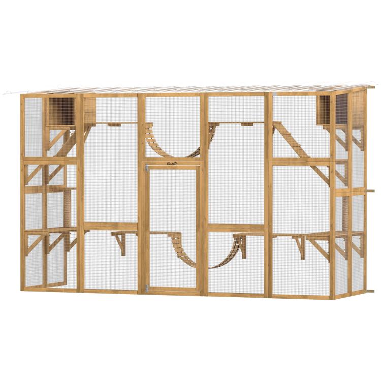 Wooden outdoor cat enclosure with mesh walls, multi-level shelves, and curved rope bridge.