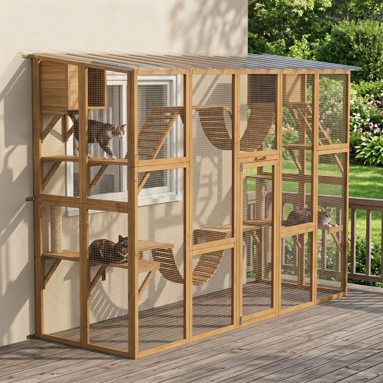Yellow outdoor cat enclosure window box with wire mesh, shelves and bridges