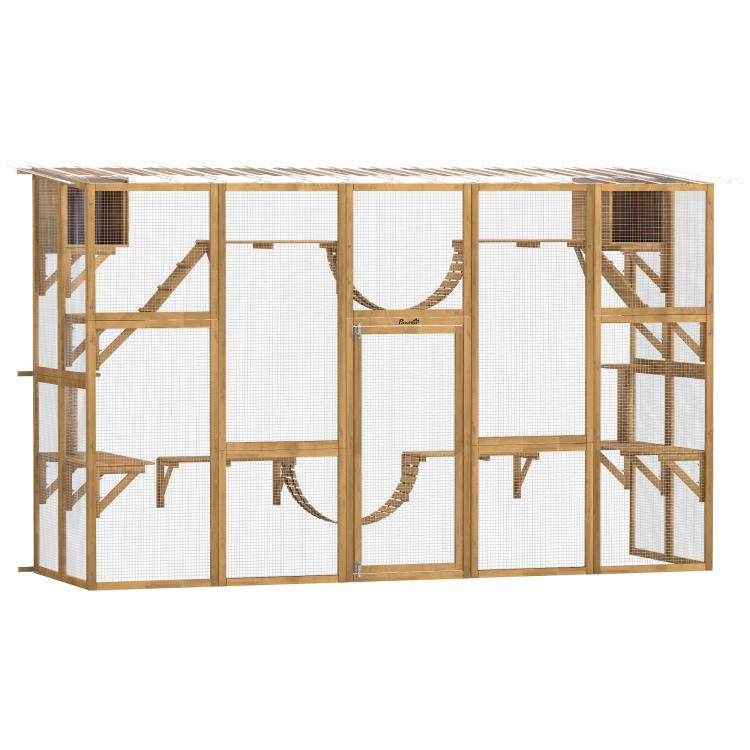 Cat window box enclosure with wire mesh panels, shelves, ramps, and hammock