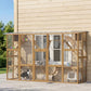 Wooden outdoor cat playhouse enclosure with mesh doors, ramps, and hanging rope bridge; cats.